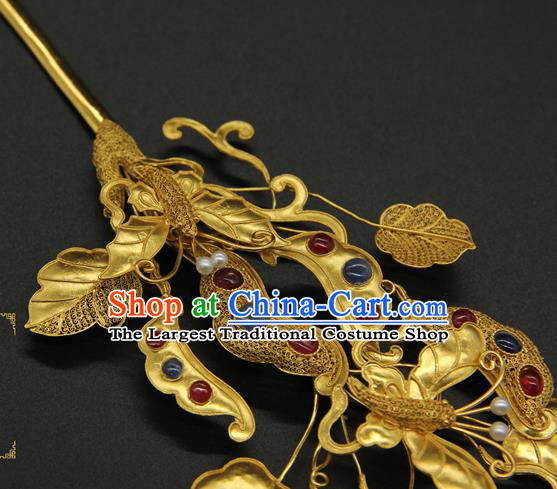 China Handmade Pearls Hairpin Traditional Qing Dynasty Golden Hair Stick Ancient Court Empress Gems Hair Accessories