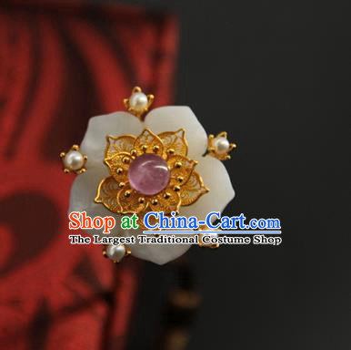 China Ancient Empress Hair Accessories Traditional Ming Dynasty White Jade Plum Hair Stick Handmade Court Pearls Hairpin
