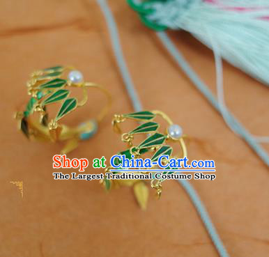 Handmade Chinese Ancient Court Lady Earrings Accessories Traditional Qing Dynasty Green Bamboo Leaf Ear Jewelry