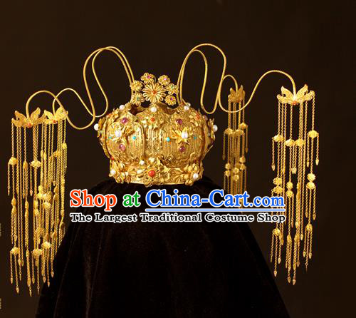 China Traditional Ming Dynasty Hair Crown Wedding Hair Accessories Handmade Ancient Empress Tassel Phoenix Coronet