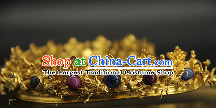 China Traditional Ming Dynasty Hair Accessories Ancient Court Empress Hairpin Handmade Gems Golden Hair Crown