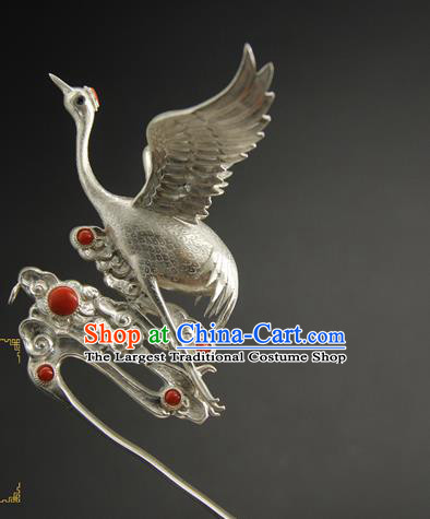 China Ancient Ming Dynasty Hair Accessories Handmade Hairpin Traditional Court Queen Argent Crane Hair Stick