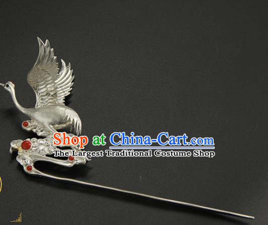 China Ancient Ming Dynasty Hair Accessories Handmade Hairpin Traditional Court Queen Argent Crane Hair Stick