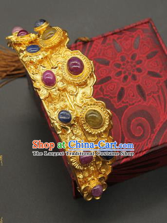 China Ancient Empress Gems Hairpin Traditional Ming Dynasty Palace Hair Accessories Handmade Court Golden Hair Crown