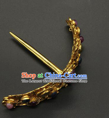 China Ancient Empress Gems Hairpin Traditional Ming Dynasty Palace Hair Accessories Handmade Court Golden Hair Crown