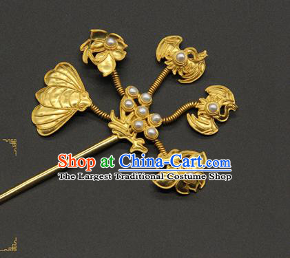 China Ancient Empress Golden Lotus Hairpin Handmade Court Pearls Hair Stick Traditional Qing Dynasty Palace Hair Accessories