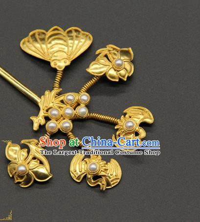 China Ancient Empress Golden Lotus Hairpin Handmade Court Pearls Hair Stick Traditional Qing Dynasty Palace Hair Accessories