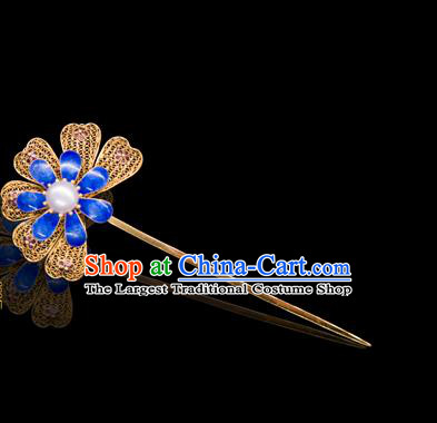 China Traditional Ming Dynasty Palace Hair Accessories Handmade Court Blueing Hair Stick Ancient Empress Pearl Hairpin