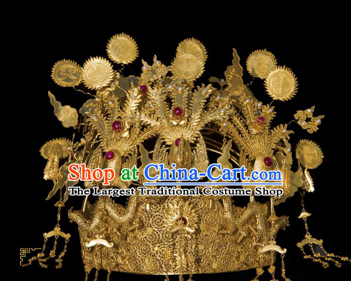 China Handmade Court Phoenix Coronet Traditional Qing Dynasty Palace Hair Accessories Ancient Empress Wedding Golden Hair Crown