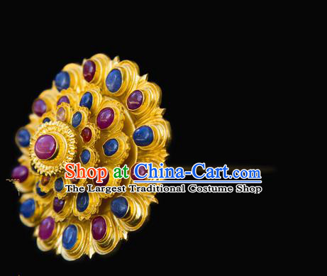 China Handmade Court Golden Hairpin Traditional Ming Dynasty Palace Hair Accessories Ancient Empress Gems Hair Crown