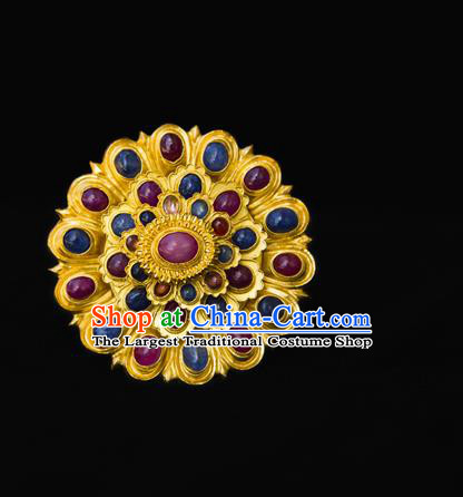 China Handmade Court Golden Hairpin Traditional Ming Dynasty Palace Hair Accessories Ancient Empress Gems Hair Crown