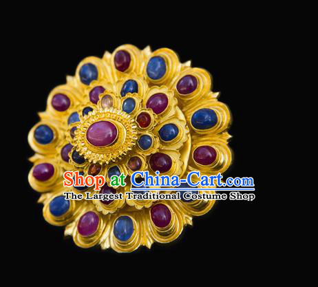 China Handmade Court Golden Hairpin Traditional Ming Dynasty Palace Hair Accessories Ancient Empress Gems Hair Crown