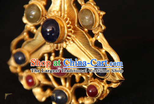 China Ancient Empress Gems Hair Crown Handmade Court Golden Hairpin Traditional Ming Dynasty Palace Hair Accessories