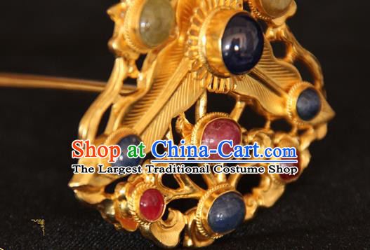 China Ancient Empress Gems Hair Crown Handmade Court Golden Hairpin Traditional Ming Dynasty Palace Hair Accessories