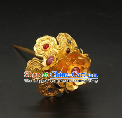 China Traditional Ming Dynasty Hair Accessories Handmade Hair Stick Ancient Court Queen Golden Peony Hairpin