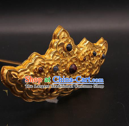 China Ancient Queen Golden Hairpin Handmade Ming Dynasty Court Gems Hair Crown Traditional Wedding Hair Accessories