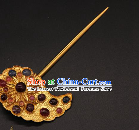 China Ancient Queen Golden Hairpin Handmade Ming Dynasty Empress Gems Hair Stick Traditional Court Hair Accessories