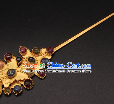 China Ancient Queen Gems Hairpin Traditional Court Hair Accessories Handmade Ming Dynasty Empress Hair Stick