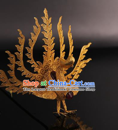 China Handmade Queen Golden Phoenix Hair Crown Ancient Traditional Palace Headpiece Ming Dynasty Empress Hairpin
