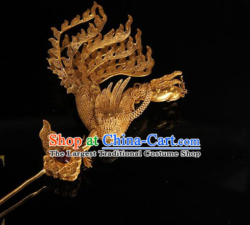 China Ancient Traditional Palace Headpiece Ming Dynasty Empress Hairpin Handmade Queen Golden Phoenix Hair Stick