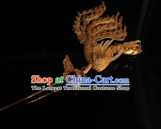 China Ancient Traditional Palace Headpiece Ming Dynasty Empress Hairpin Handmade Queen Golden Phoenix Hair Stick