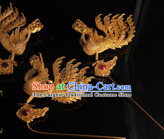 China Ancient Traditional Palace Headpiece Ming Dynasty Empress Hairpin Handmade Queen Golden Phoenix Hair Stick