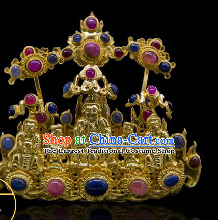 China Traditional Ming Dynasty Palace Gems Hair Accessories Handmade Court Hairpin Ancient Empress Golden Buddha Hair Crown
