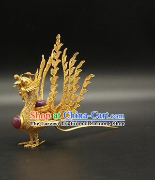 China Handmade Queen Ruby Phoenix Hair Crown Traditional Palace Headpiece Ancient Ming Dynasty Empress Golden Hairpin