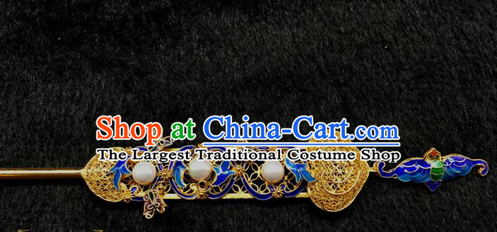 China Handmade Queen Pearls Hair Stick Traditional Palace Headpiece Ancient Qing Dynasty Empress Enamel Hairpin