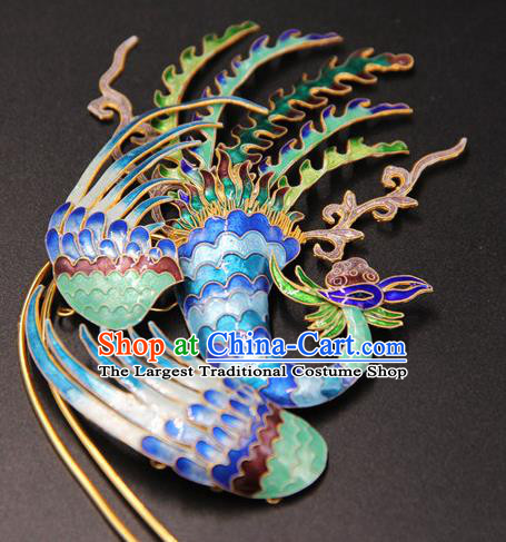 China Handmade Court Queen Hair Stick Traditional Palace Headpiece Ancient Qing Dynasty Empress Cloisonne Phoenix Hairpin