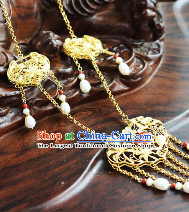 China Traditional Ming Dynasty Pearls Tassel Longevity Lock Ancient Princess Golden Necklace