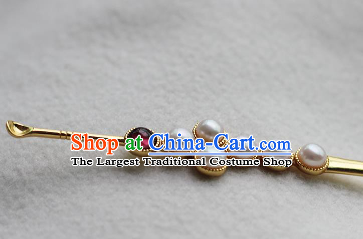 China Ancient Ming Dynasty Garnet Hair Stick Traditional Palace Hair Jewelry Handmade Court Empress Pearls Hairpin