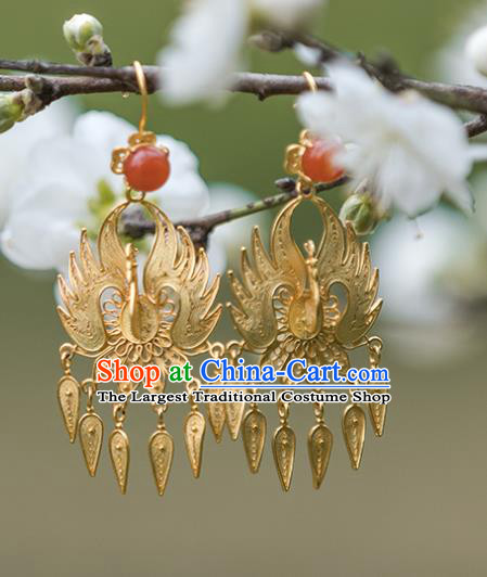 Handmade Chinese Ming Dynasty Golden Phoenix Earrings Traditional Accessories Ancient Court Hanfu Corallite Ear Jewelry