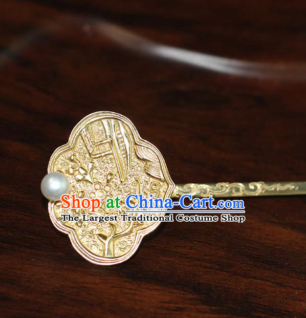 China Ancient Ming Dynasty Empress Golden Hairpin Handmade Court Pearl Hair Stick Traditional Palace Hair Jewelry