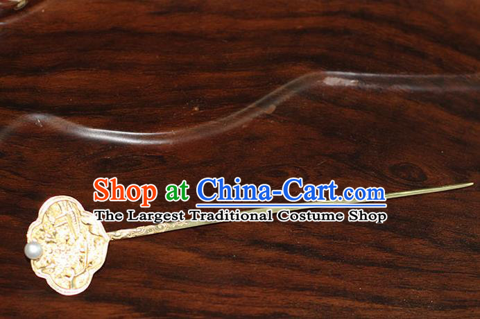 China Ancient Ming Dynasty Empress Golden Hairpin Handmade Court Pearl Hair Stick Traditional Palace Hair Jewelry