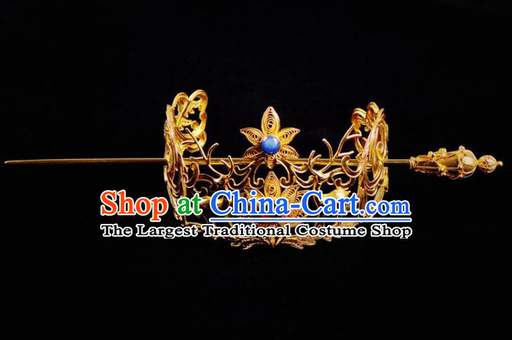 Chinese Traditional Hanfu Hair Accessories Ancient Ming Dynasty Prince Golden Hairdo Crown Hairpin
