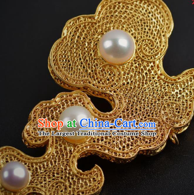 China Traditional Ming Dynasty Pearls Hairpin Handmade Hair Jewelry Ancient Empress Filigree Hair Stick