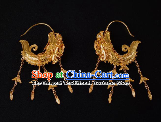 Handmade Chinese Ancient Court Empress Golden Carp Ear Jewelry Traditional Ming Dynasty Palace Earrings Accessories
