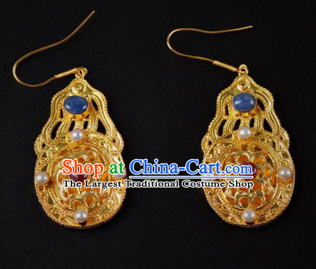 Handmade Chinese Traditional Tang Dynasty Palace Golden Earrings Accessories Ancient Court Empress Pearls Ear Jewelry