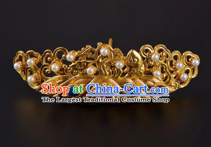China Traditional Ming Dynasty Palace Pearls Golden Hair Crown Handmade Hair Jewelry Ancient Empress Gems Hairpin