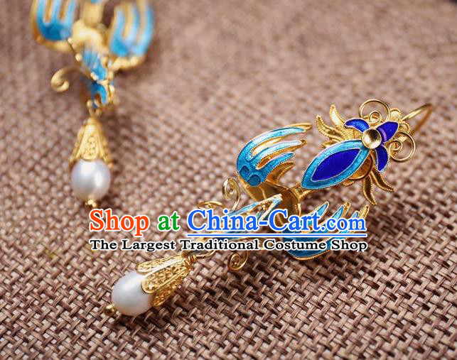 Handmade Chinese Ancient Empress Blueing Phoenix Ear Jewelry Traditional Qing Dynasty Court Pearl Earrings Accessories