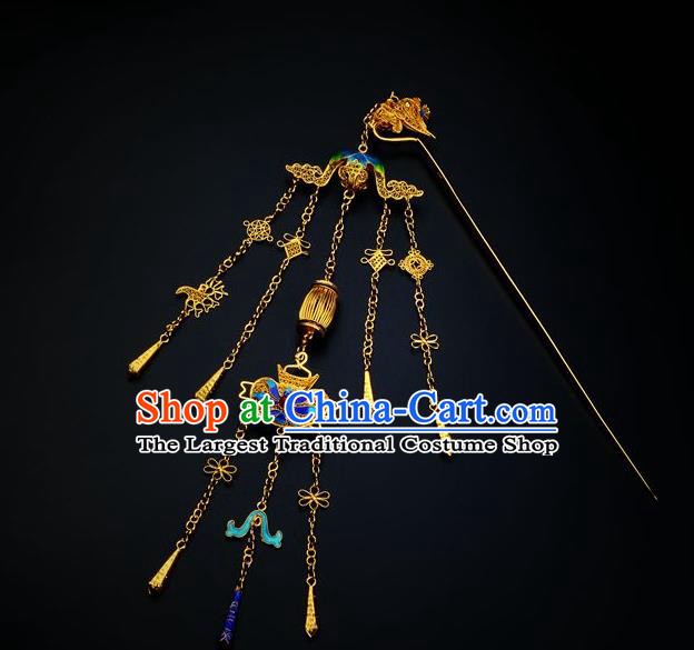 Traditional China Ancient Empress Golden Phoenix Hairpin Handmade Hair Ornament Qing Dynasty Palace Cloisonne Tassel Hair Stick