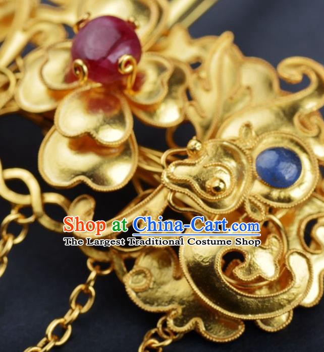 China Ancient Queen Golden Tassel Hair Stick Handmade Hair Jewelry Traditional Ming Dynasty Palace Empress Hairpin