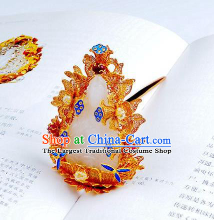 Traditional China Handmade Hair Ornament Ancient Empress Golden Hairpin Ming Dynasty Palace Jade Avalokitesvara Hair Crown