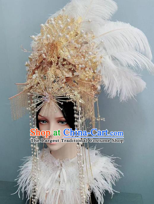 Top Grade Handmade Court Queen Deluxe White Feather Hair Crown Stage Show Golden Phoenix Coronet Wedding Hair Ornament
