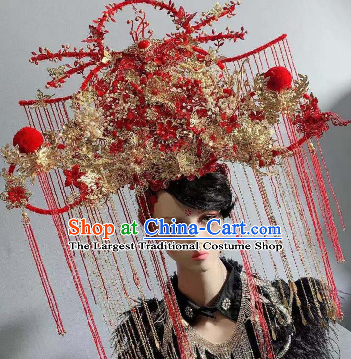 Handmade Chinese Ancient Empress Headwear Traditional Wedding Hair Accessories Red Tassel Phoenix Coronet