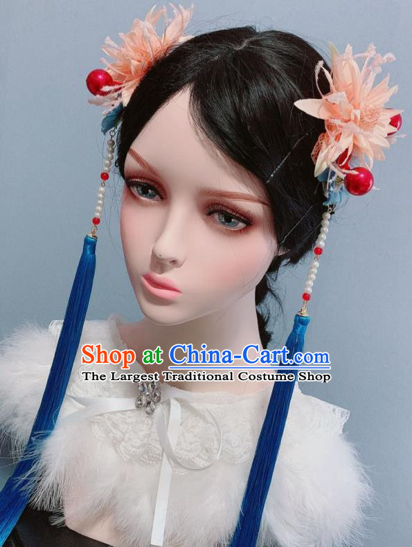 Chinese Hanfu Pink Silk Flower Hair Sticks Traditional Court Hair Accessories Ancient Empress Blue Tassel Hairpins
