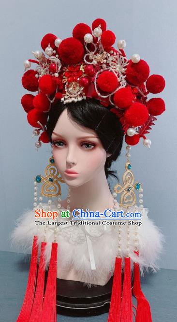 Handmade Chinese Red Tassel Phoenix Coronet Traditional Wedding Hair Accessories Ancient Empress Headwear Hair Crown