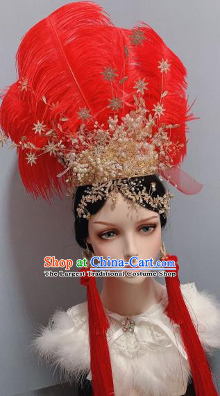 Handmade Chinese Wedding Red Feather Hair Crown Traditional Hair Accessories Ancient Bride Headwear