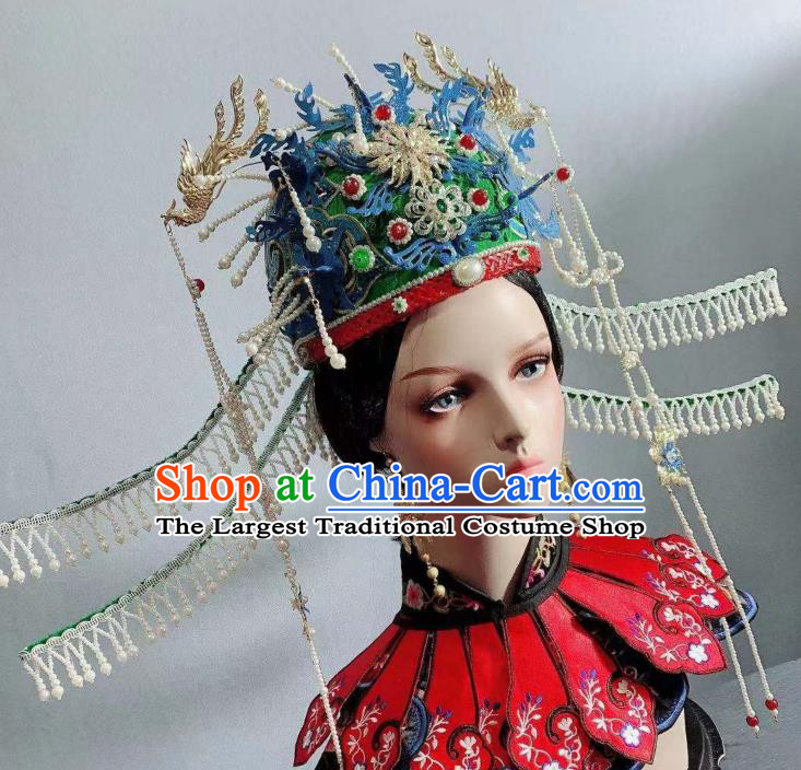 China Ancient Ming Dynasty Empress Green Phoenix Coronet Tassel Hairpins Traditional Drama Hair Accessories Full Set